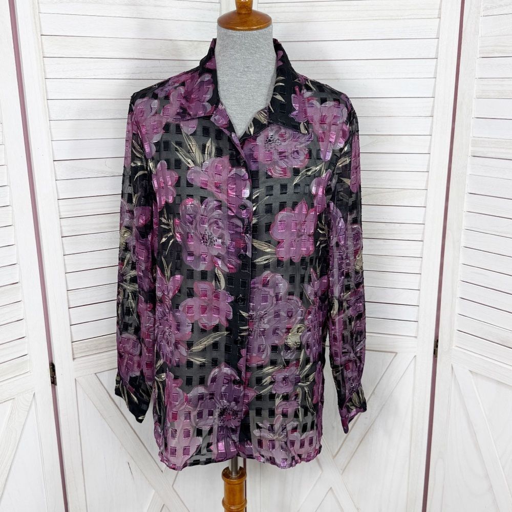 Vintage Notations Sheer Floral Check Shimmer Blouse Black Purple Large
